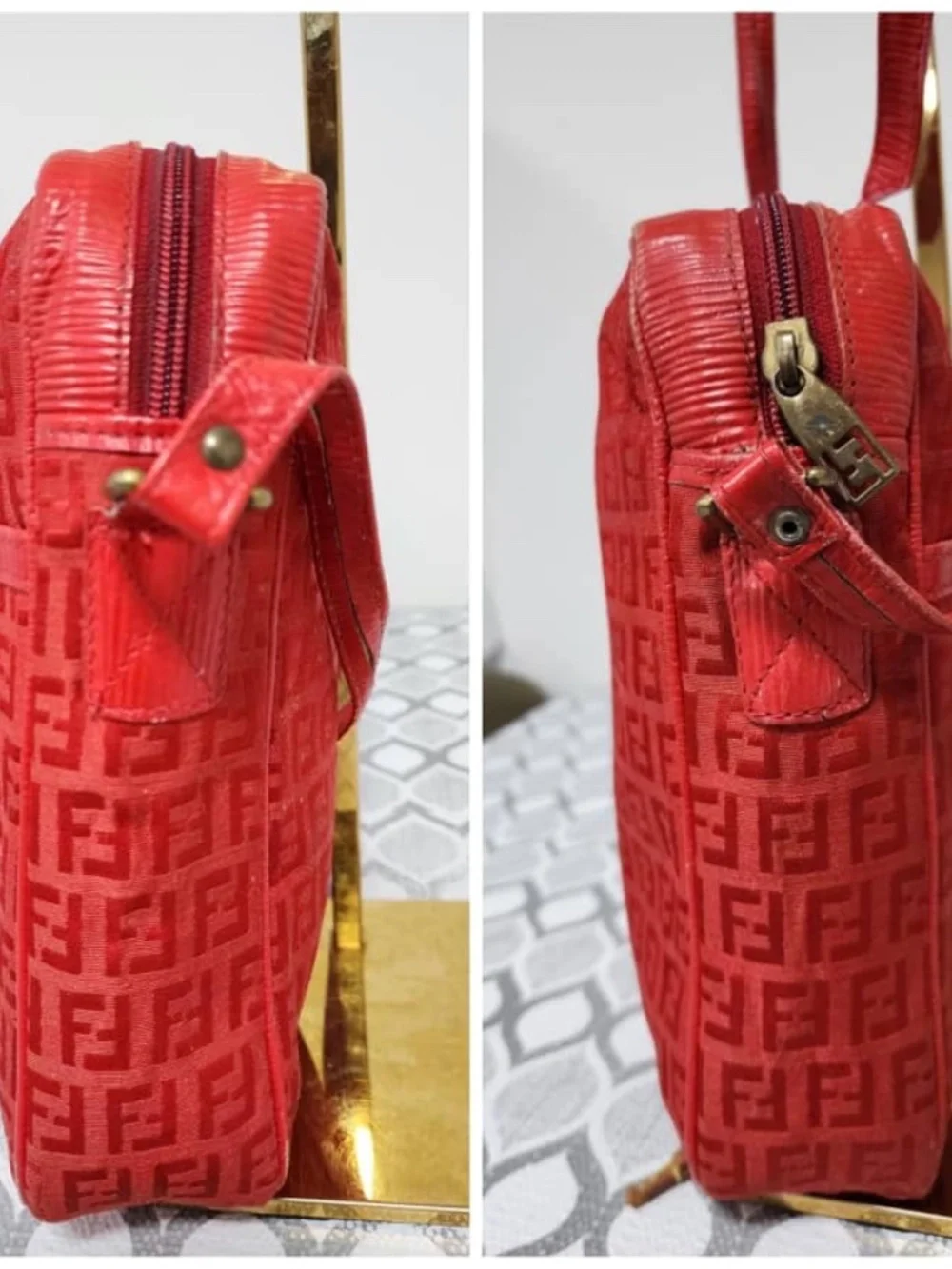 Authentic Fendi Vintage Zucchino Zucca Pattern Logo Crossbody Bag Red